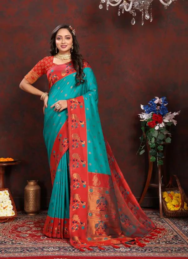 Peacoke_Blue_Soft_Paithani_Silk_With_Zari_Weaving_Design_Pallu_Saree