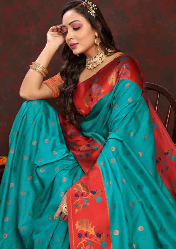 Peacoke_Blue_Soft_Paithani_Silk_With_Zari_Weaving_Design_Pallu_Saree