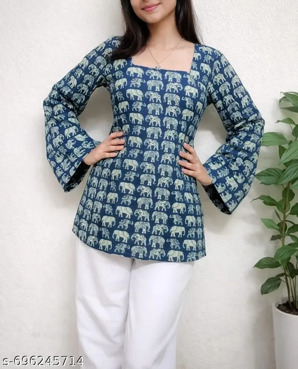 Blue_Viscose_Rayon_Elephant_Print_Short_Kurti_For_Women