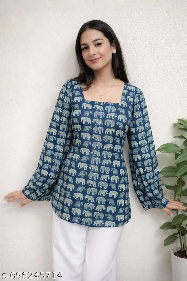 Blue_Viscose_Rayon_Elephant_Print_Short_Kurti_For_Women