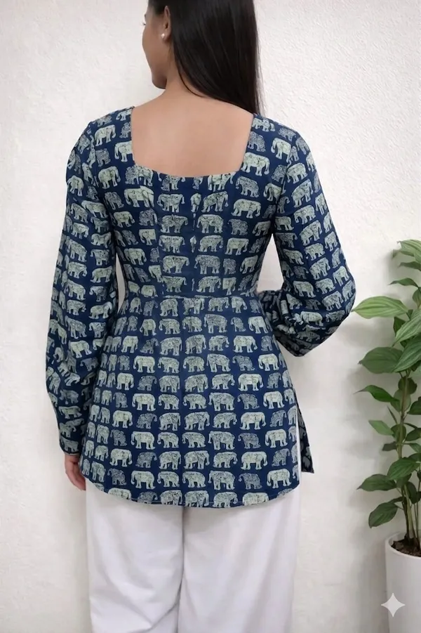 Blue_Viscose_Rayon_Elephant_Print_Short_Kurti_For_Women