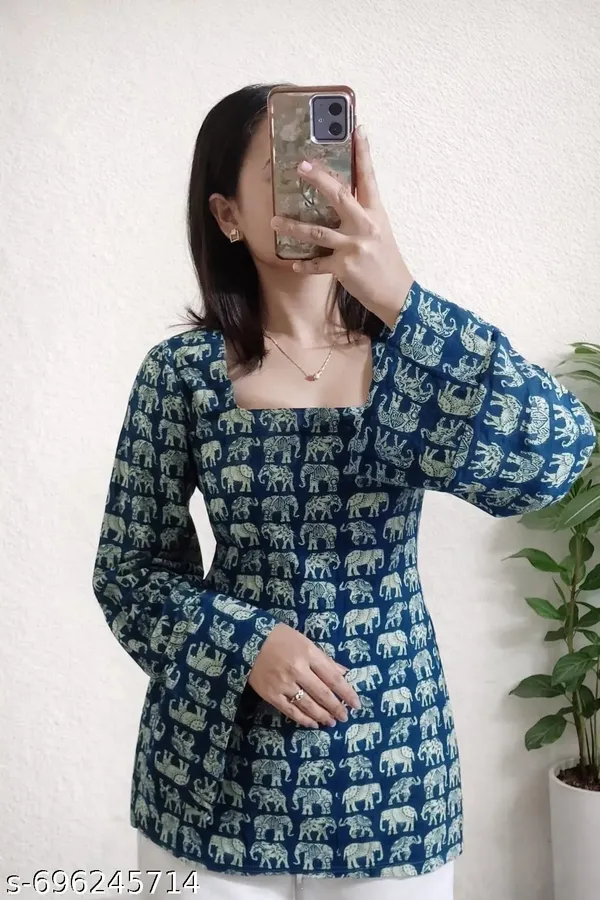 Blue_Viscose_Rayon_Elephant_Print_Short_Kurti_For_Women