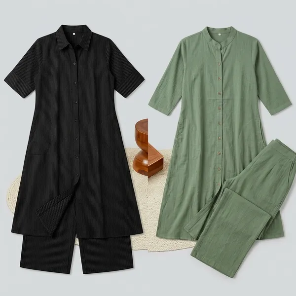 Black_And_Green_Pure_Cotton_Kurta_Palazzo_Set_Pack_Of_2