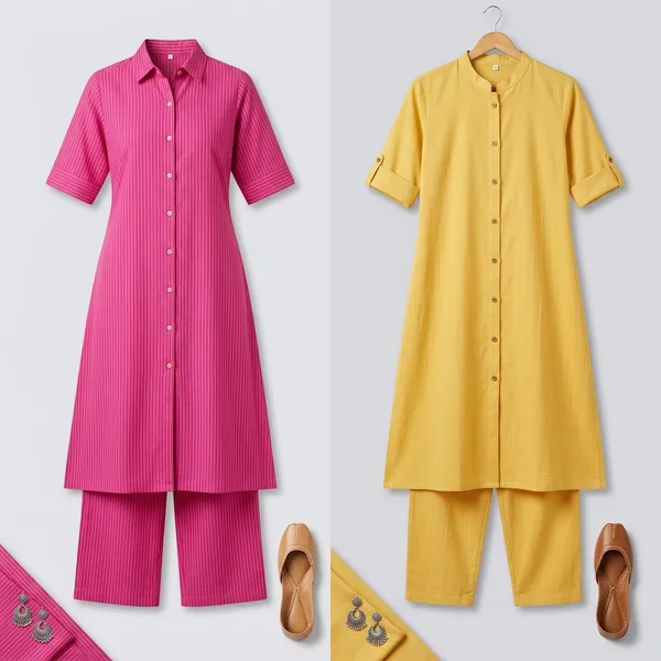 Dark_Pink_And_Yellow_Premium_Cotton_Kurta_With_Palazzo_Set_Pack_Of_2