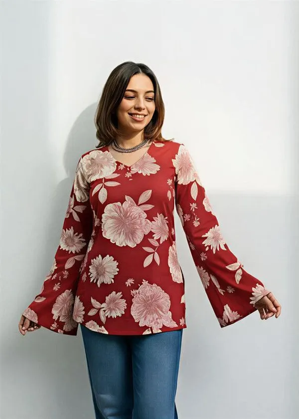 Red_Viscose_And_Rayon_Floral_Print_Tunic_Kurta_For_Women