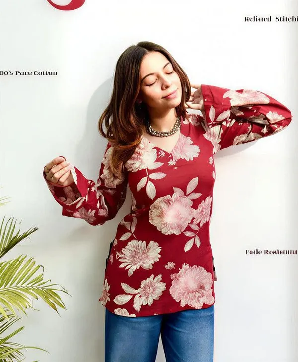 Red_Viscose_And_Rayon_Floral_Print_Tunic_Kurta_For_Women