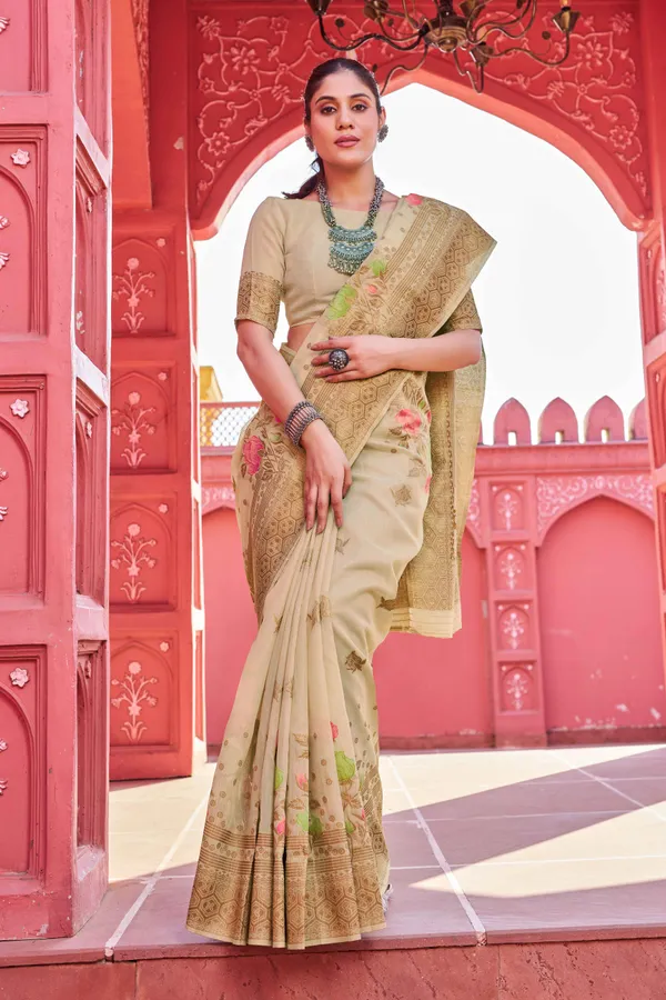 Cream_Linen_Cotton_Sarees_With_Blouse_Piece_For_Women