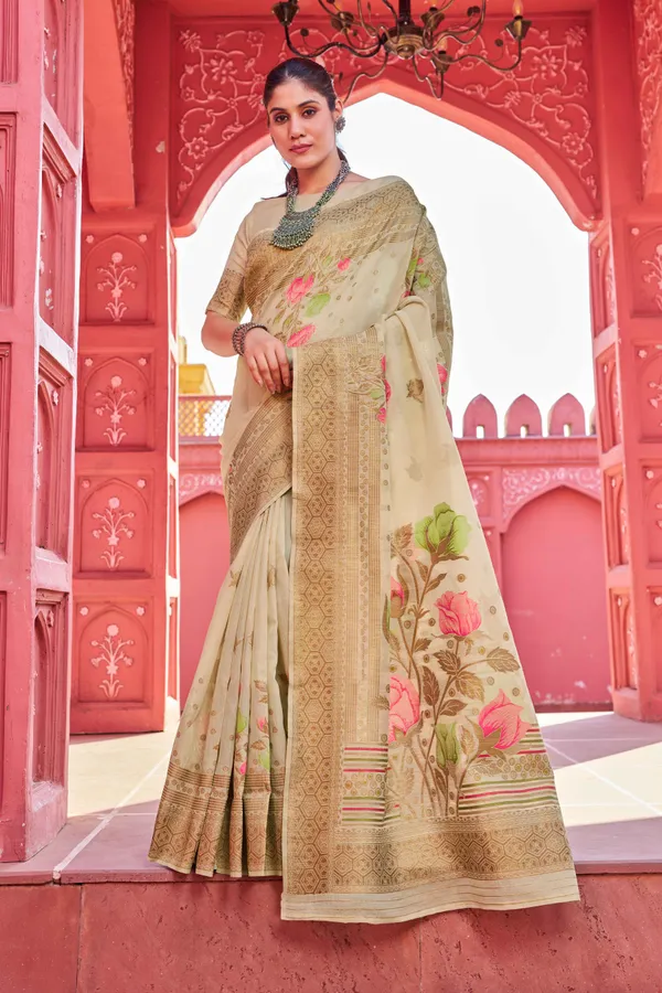 Cream_Linen_Cotton_Sarees_With_Blouse_Piece_For_Women
