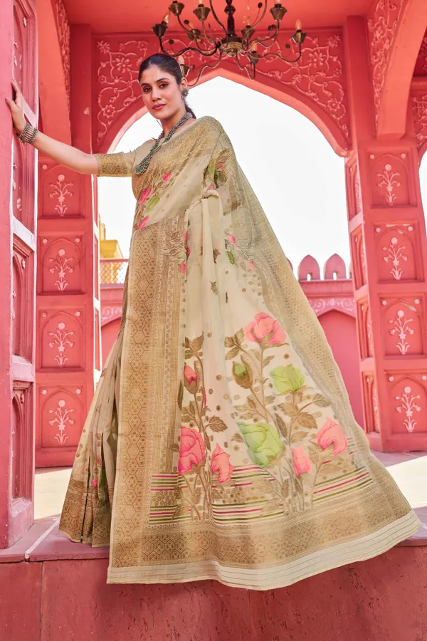 Cream_Linen_Cotton_Sarees_With_Blouse_Piece_For_Women