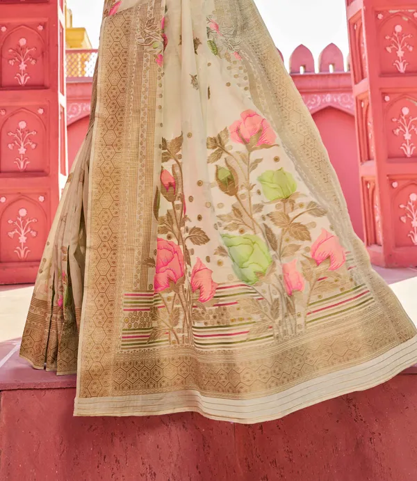 Cream_Linen_Cotton_Sarees_With_Blouse_Piece_For_Women