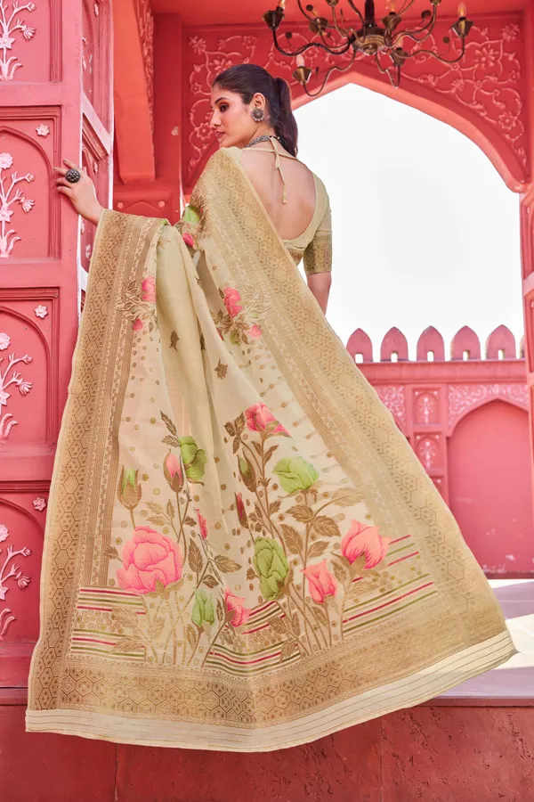 Cream_Linen_Cotton_Sarees_With_Blouse_Piece_For_Women