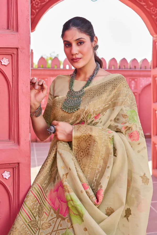 Cream_Linen_Cotton_Sarees_With_Blouse_Piece_For_Women