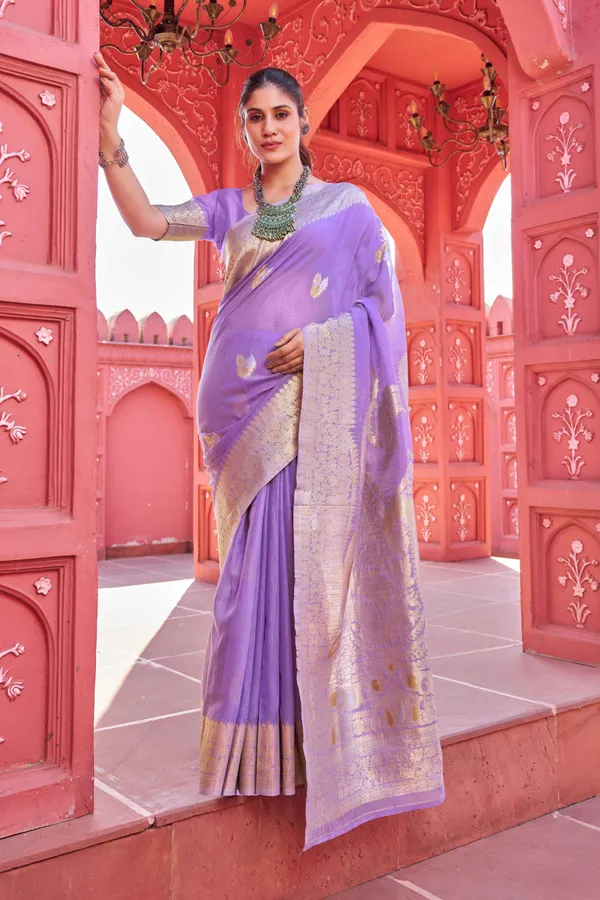 Purple_Linen_Cotton_Sarees_With_Blouse_Piece_For_Women