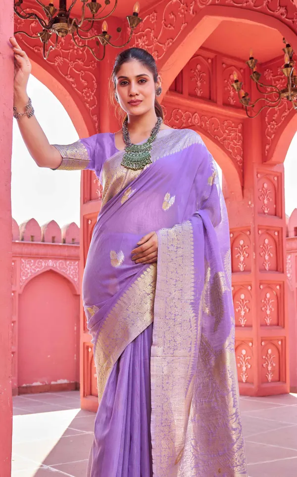 Purple_Linen_Cotton_Sarees_With_Blouse_Piece_For_Women