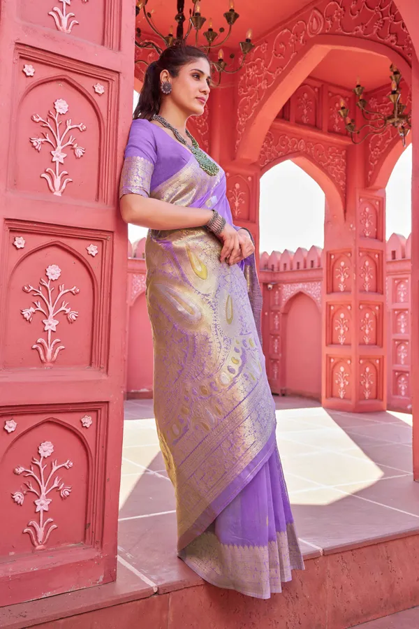 Purple_Linen_Cotton_Sarees_With_Blouse_Piece_For_Women