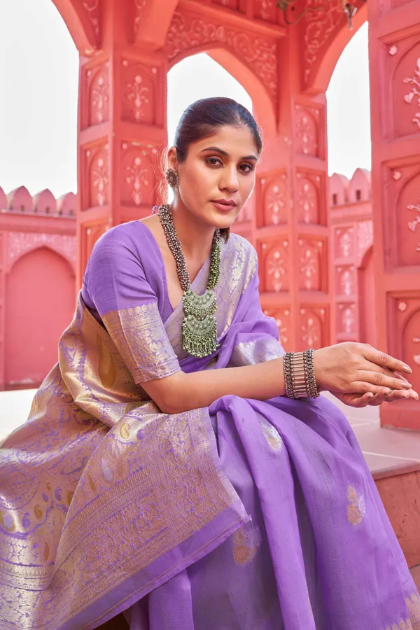 Purple_Linen_Cotton_Sarees_With_Blouse_Piece_For_Women