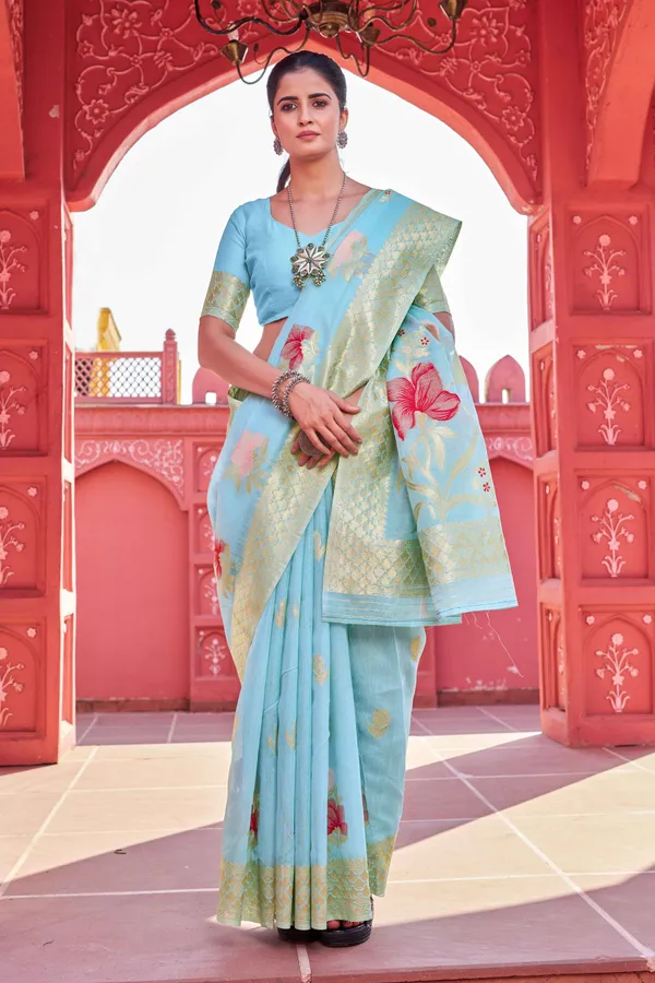 Sky_Blue_Linen_Cotton_Sarees_With_Blouse_Piece_For_Women