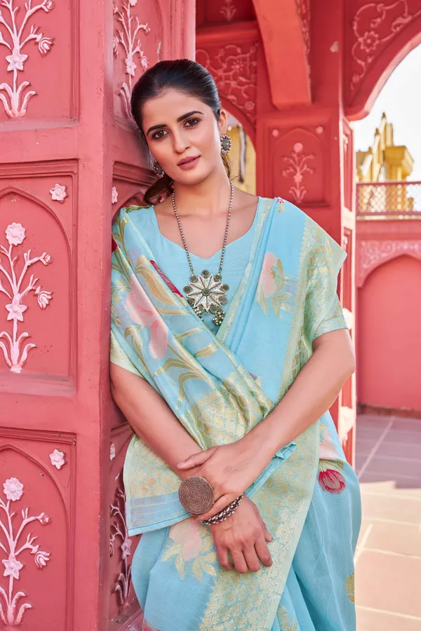 Sky_Blue_Linen_Cotton_Sarees_With_Blouse_Piece_For_Women