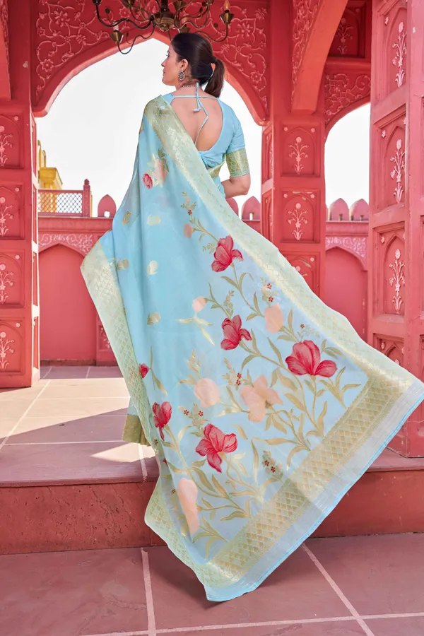 Sky_Blue_Linen_Cotton_Sarees_With_Blouse_Piece_For_Women