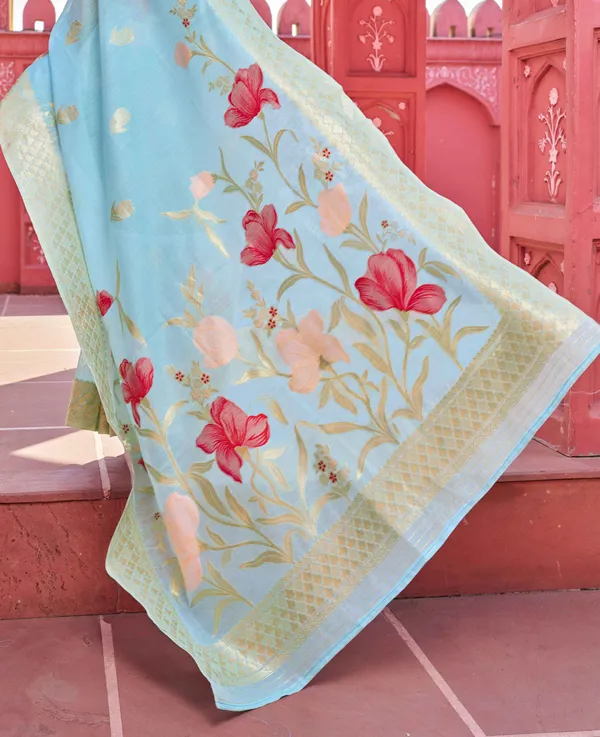 Sky_Blue_Linen_Cotton_Sarees_With_Blouse_Piece_For_Women