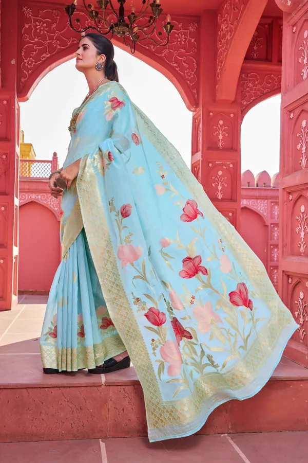 Sky_Blue_Linen_Cotton_Sarees_With_Blouse_Piece_For_Women