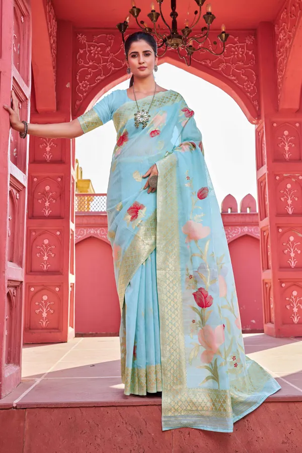 Sky_Blue_Linen_Cotton_Sarees_With_Blouse_Piece_For_Women