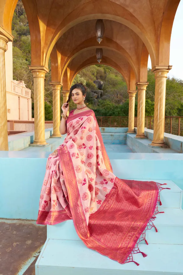 Pink_Cotton_Sarees_With_Blouse_Piece_For_Women