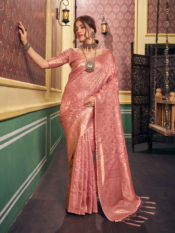 Peach_Silk_Sarees_With_Blouse_Piece_For_Women