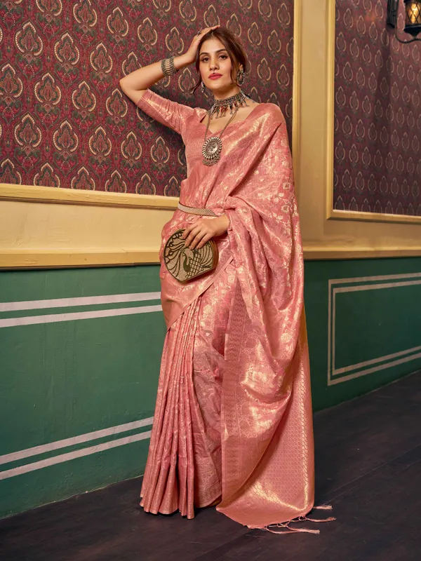 Peach_Silk_Sarees_With_Blouse_Piece_For_Women