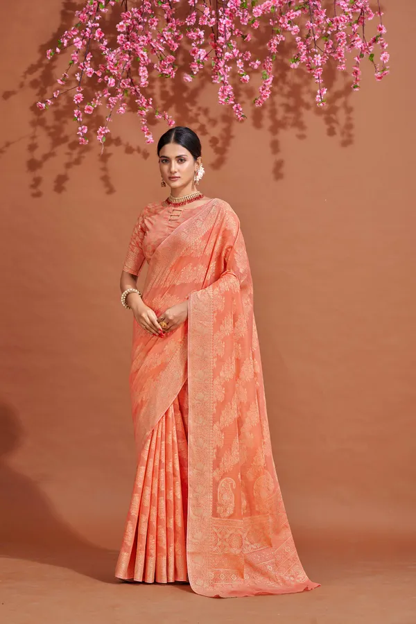 Peach_Cotton_Sarees_With_Blouse_Piece_For_Women