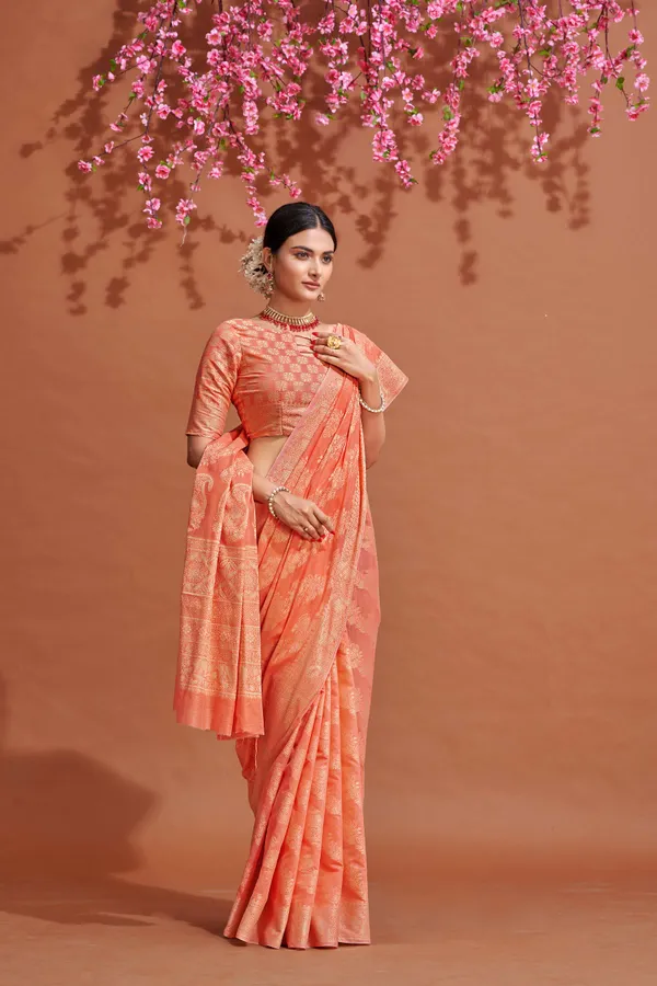 Peach_Cotton_Sarees_With_Blouse_Piece_For_Women