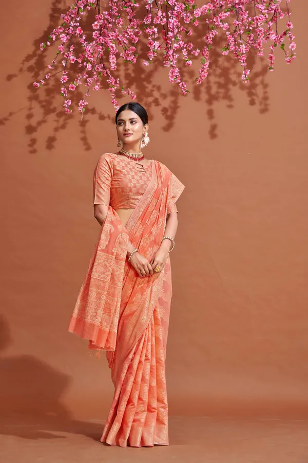 Peach_Cotton_Sarees_With_Blouse_Piece_For_Women