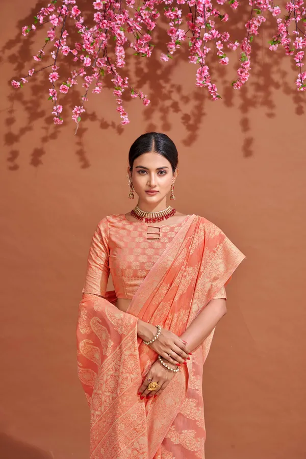 Peach_Cotton_Sarees_With_Blouse_Piece_For_Women