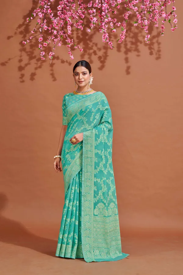 Sea_Green_Cotton_Sarees_With_Blouse_Piece_For_Women