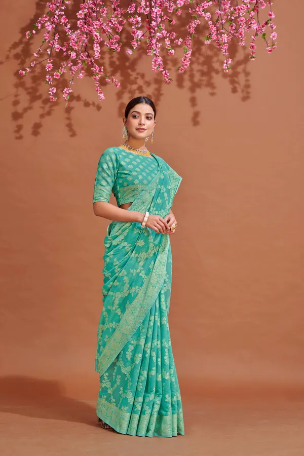 Sea_Green_Cotton_Sarees_With_Blouse_Piece_For_Women