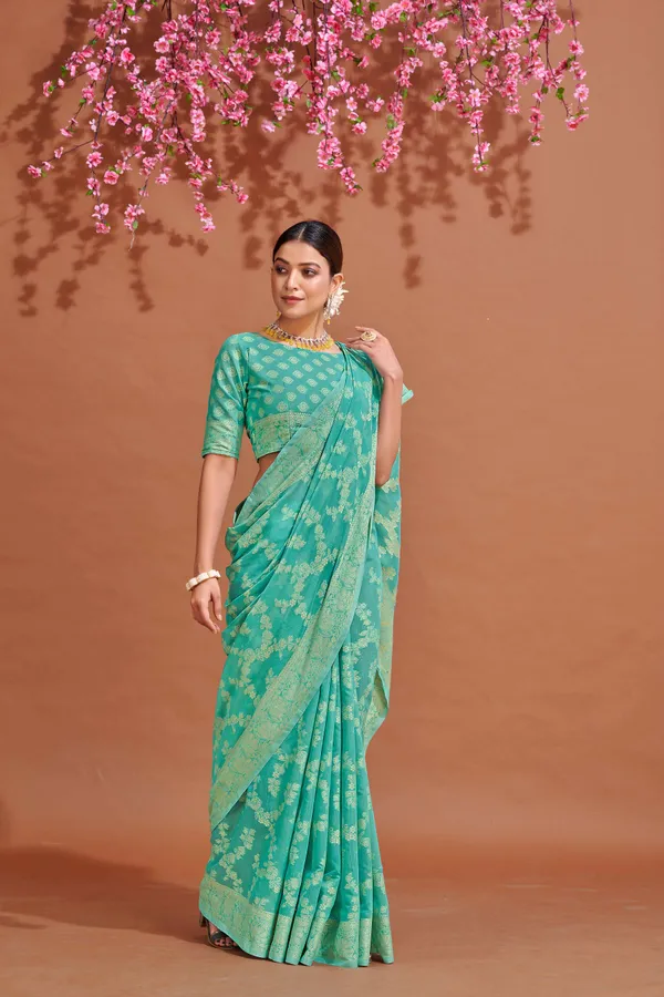 Sea_Green_Cotton_Sarees_With_Blouse_Piece_For_Women