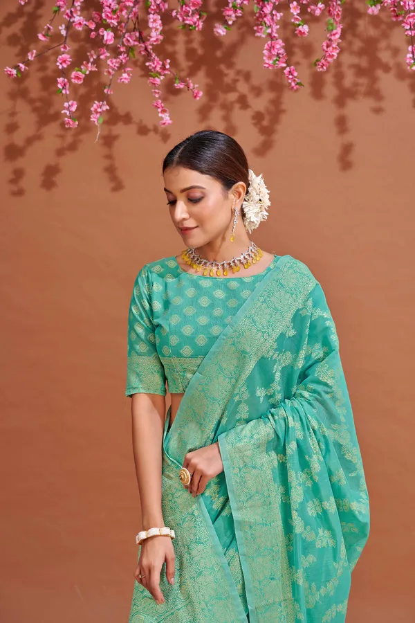 Sea_Green_Cotton_Sarees_With_Blouse_Piece_For_Women