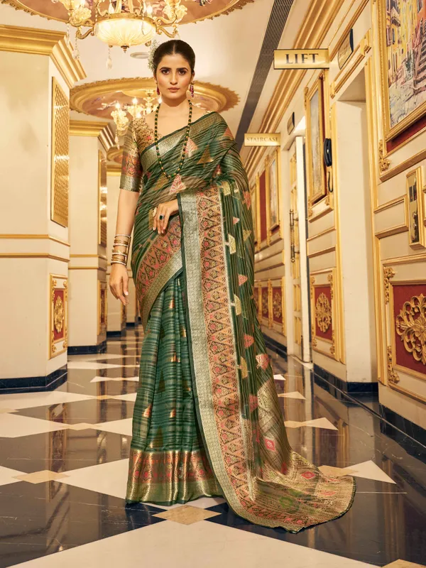 Green_Organza_Sarees_With_Blouse_Piece_For_Women