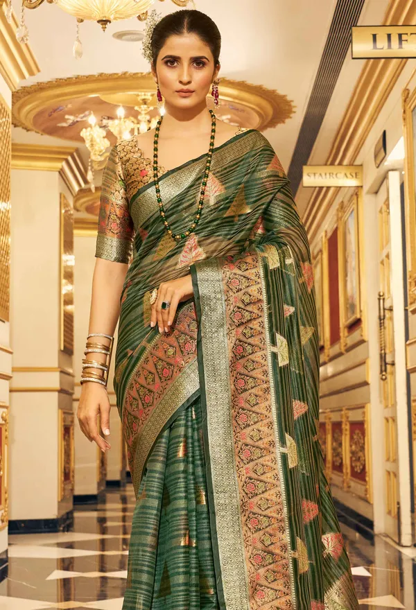 Green_Organza_Sarees_With_Blouse_Piece_For_Women
