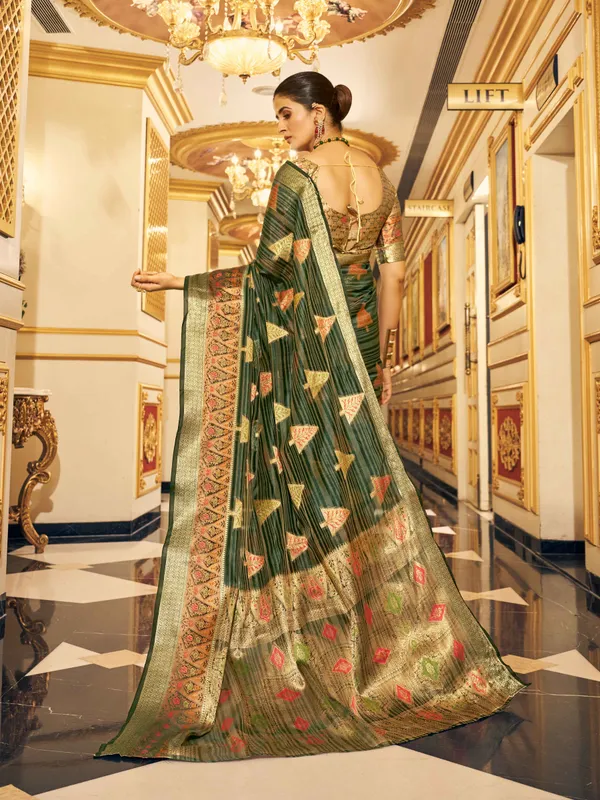 Green_Organza_Sarees_With_Blouse_Piece_For_Women
