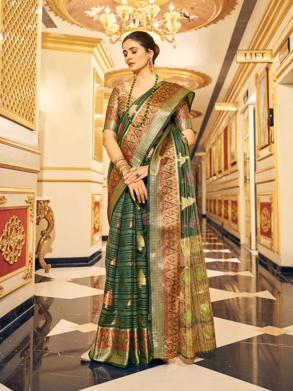 Green_Organza_Sarees_With_Blouse_Piece_For_Women