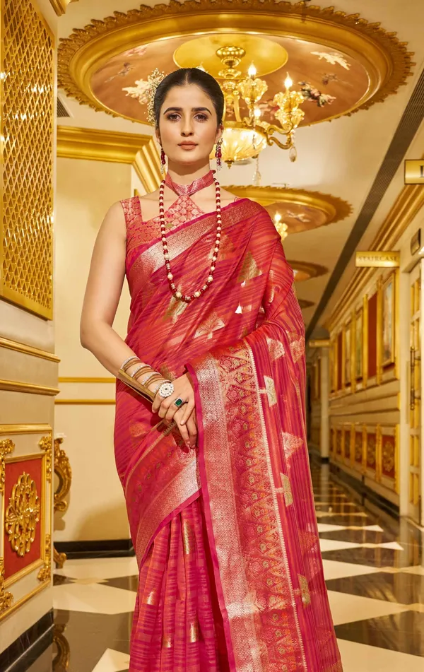 Red_Organza_Sarees_With_Blouse_Piece_For_Women