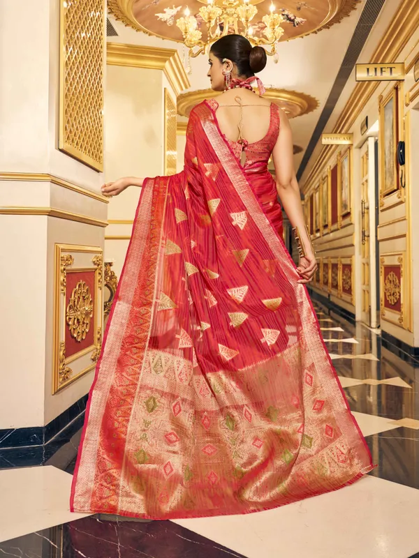 Red_Organza_Sarees_With_Blouse_Piece_For_Women