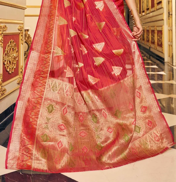 Red_Organza_Sarees_With_Blouse_Piece_For_Women