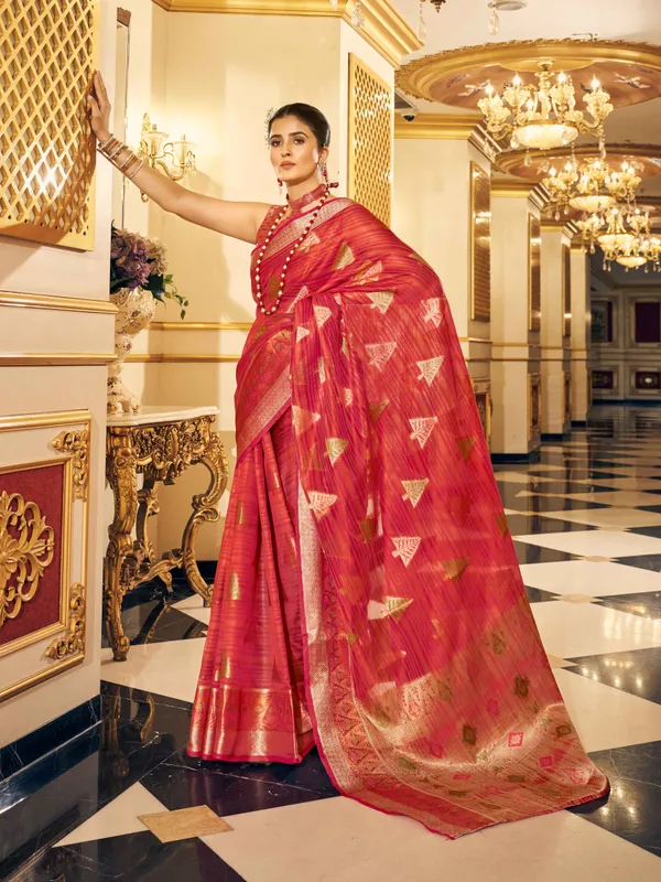 Red_Organza_Sarees_With_Blouse_Piece_For_Women