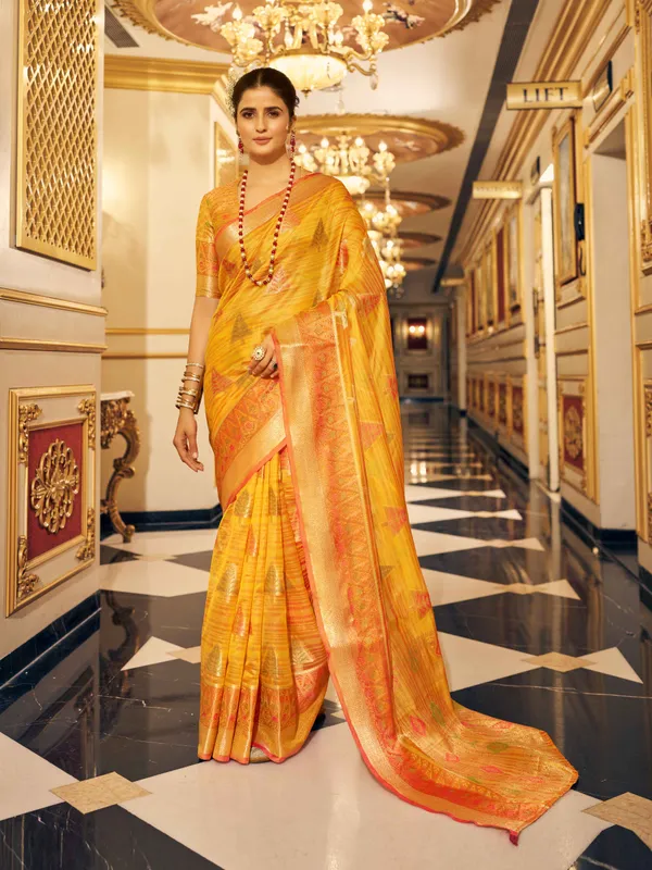 Yellow_Organza_Sarees_With_Blouse_Piece_For_Women
