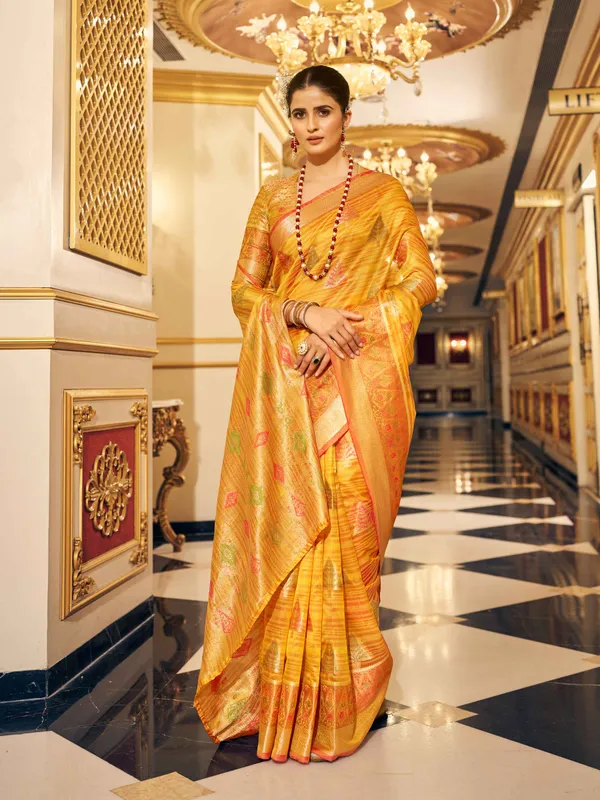 Yellow_Organza_Sarees_With_Blouse_Piece_For_Women