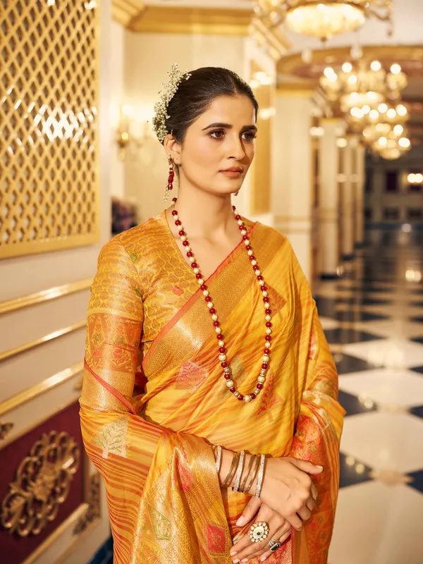 Yellow_Organza_Sarees_With_Blouse_Piece_For_Women