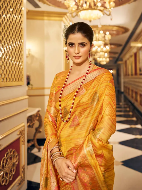 Yellow_Organza_Sarees_With_Blouse_Piece_For_Women