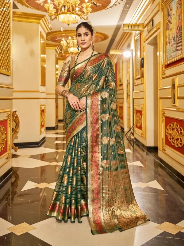 Green_Organza_Sarees_With_Blouse_Piece_For_Women